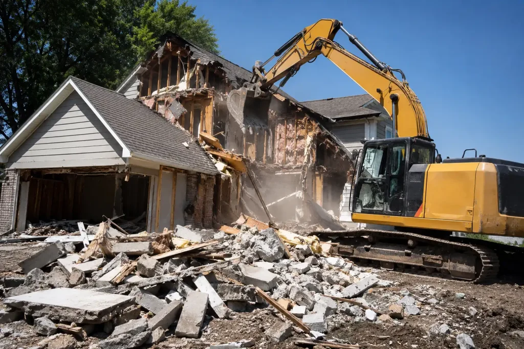 Excavator tearing down a small house for a demolition contractor serving Foothill Farms, CA