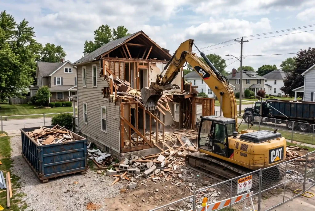 Excavator tearing down a wood frame house for a teardown and rebuild in Granite Bay, CA