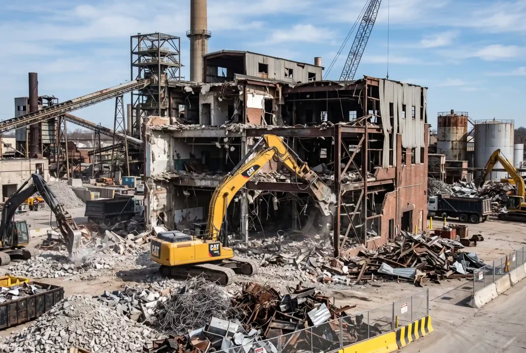 Excavator demolishing a building and loading rubble for a demolition contractor in Granite Bay, CA