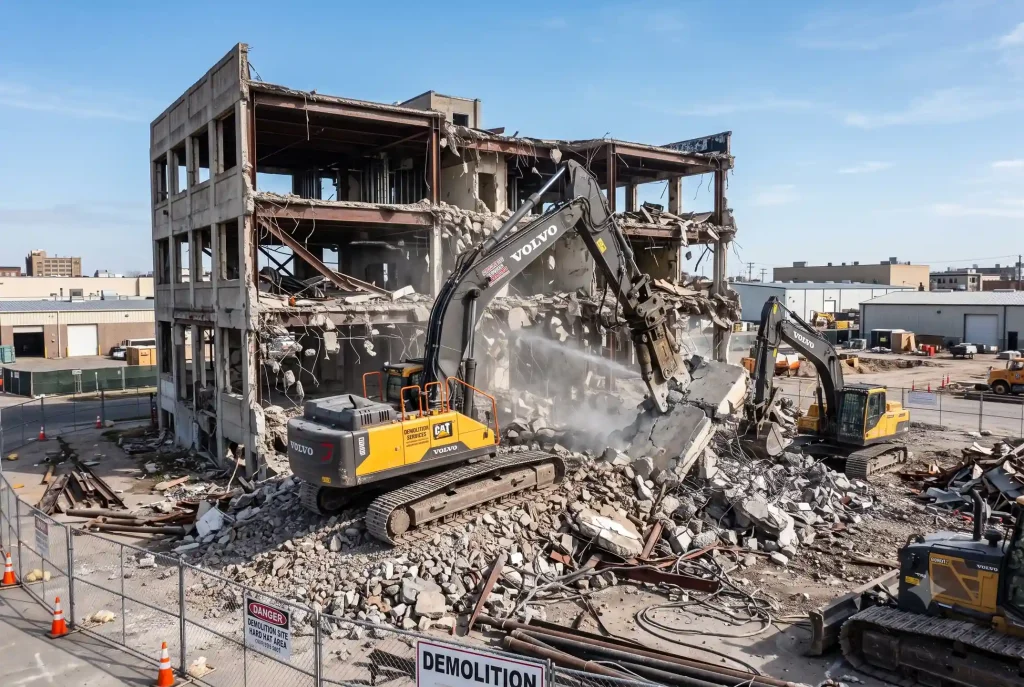 Excavator working in the rubble of a demolished multi-story building in North Highlands, CA