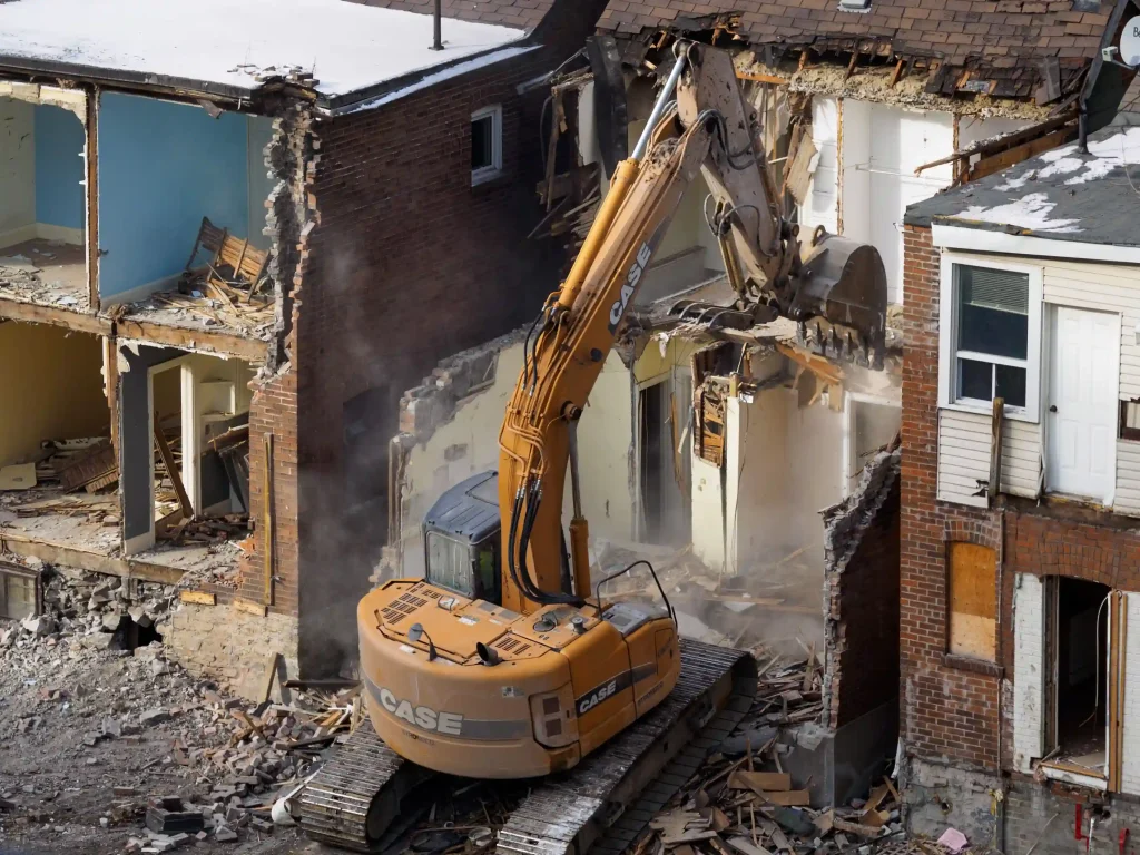 Excavator demolishing an older house for a demolition contractor serving Antelope, CA