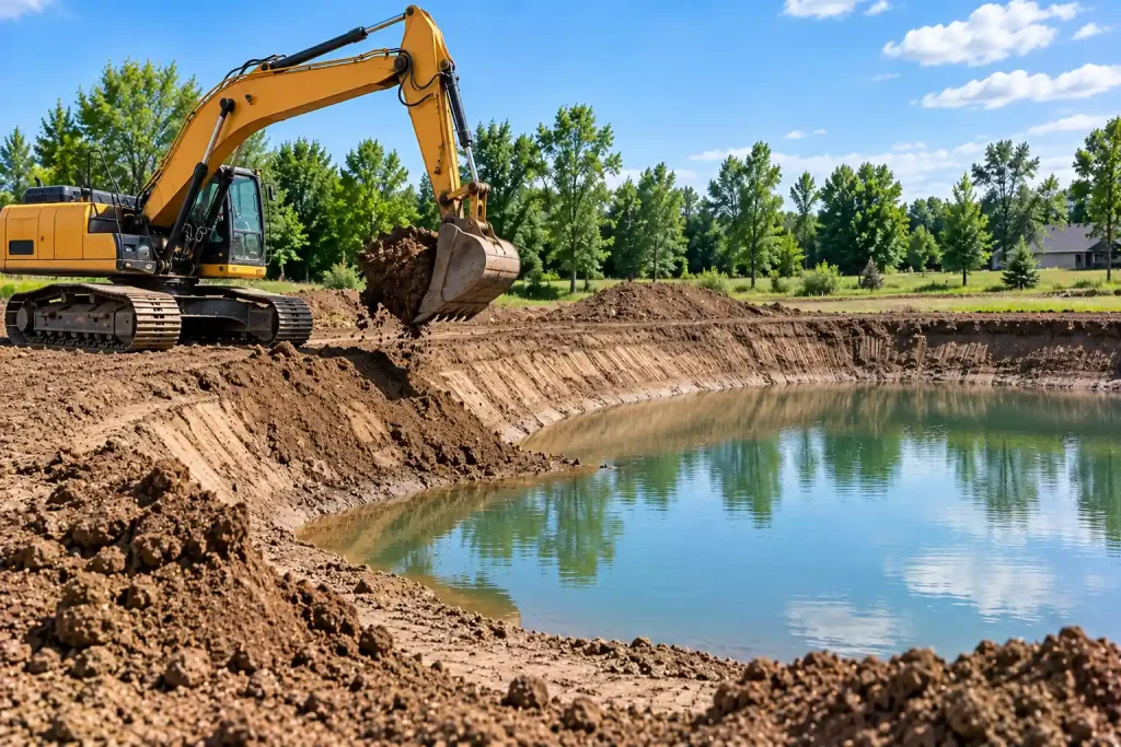 Excavator digging a large pit on a big lot for an excavating contractor in Granite Bay, CA