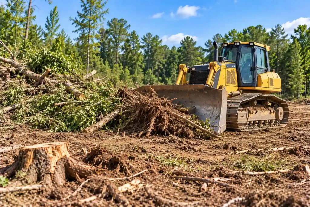 Excavator and dozer clearing brush and trees during land clearing in Fair Oaks, CA