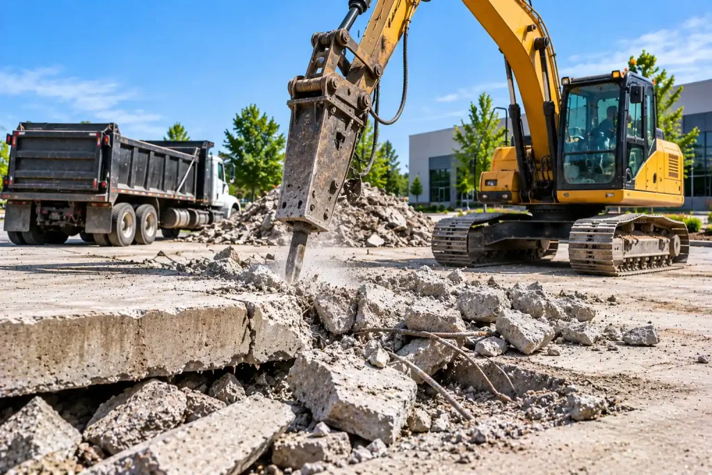 Excavator with hydraulic breaker breaking up a concrete slab for concrete removal in Granite Bay, CA