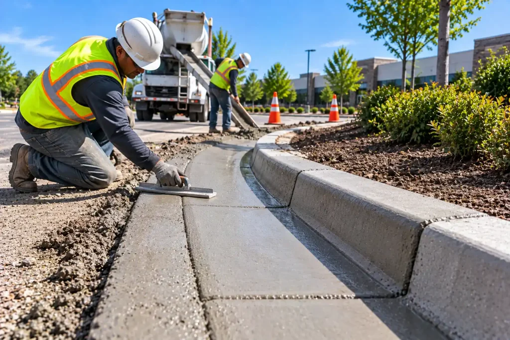 Worker finishing a concrete curb and gutter for a concrete contractor in Foothill Farms, CA