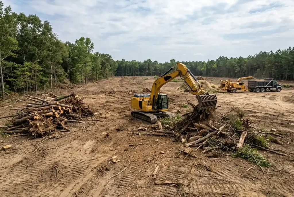 Excavator clearing brush piles on an overgrown lot for land clearing in Foothill Farms, CA