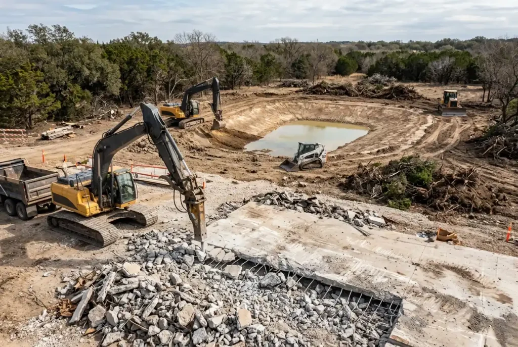 Excavator digging beside broken concrete in a pit for an excavating contractor in North Highlands, CA