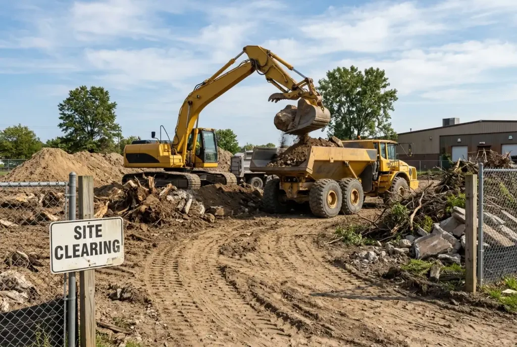 Excavator loading a dump truck on a dirt site for an excavating contractor in Fair Oaks, CA