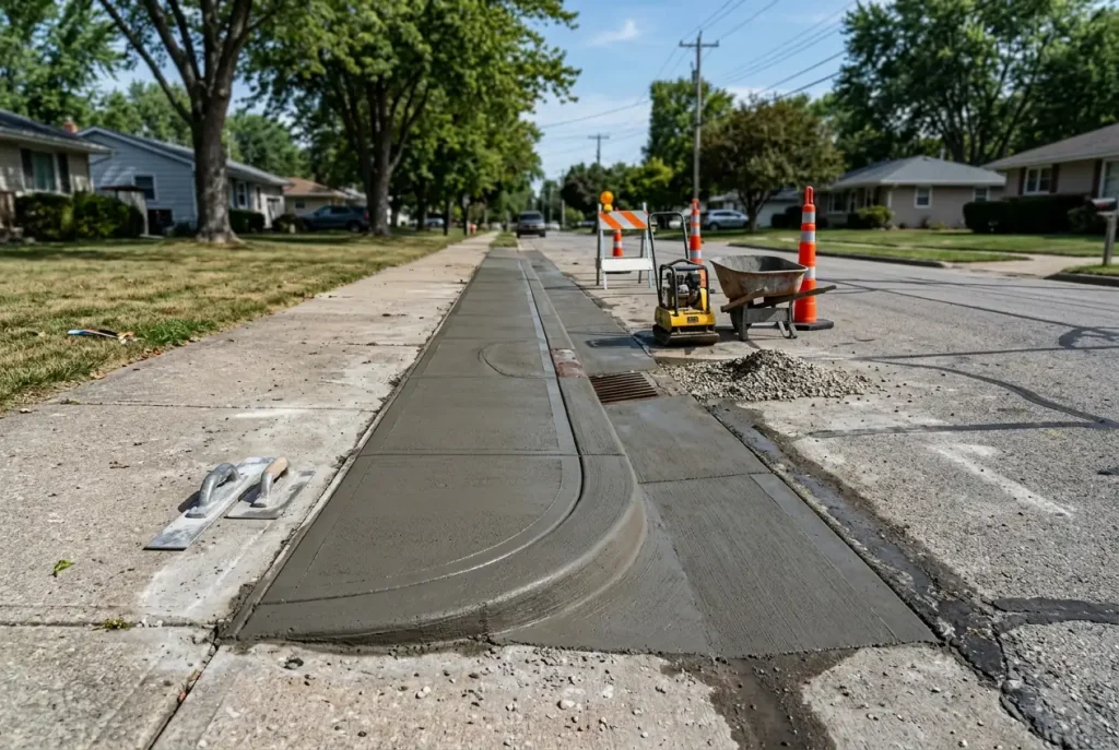 Fresh concrete gutter poured along a residential street for a concrete contractor in North Highlands, CA