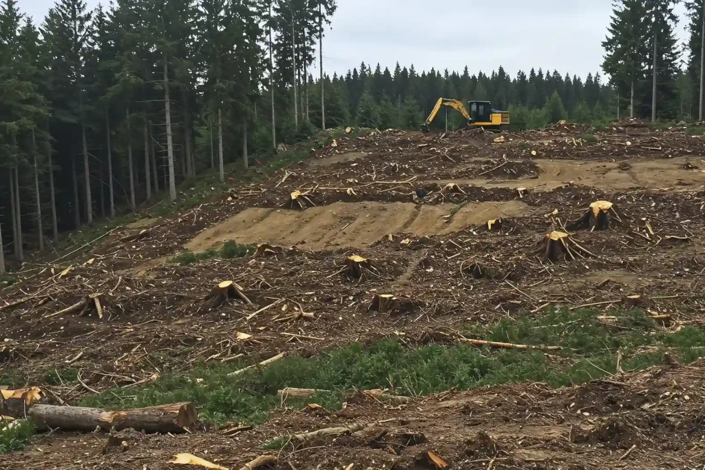 Cleared hillside with stumps beside forest for land clearing in Antelope, CA